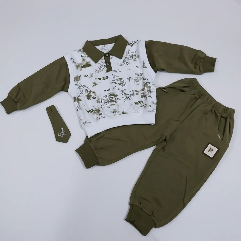Imported Sweat Shirt & Cargo Trousers Set & Detachable Tie - 2 Colors Available featured image olive green