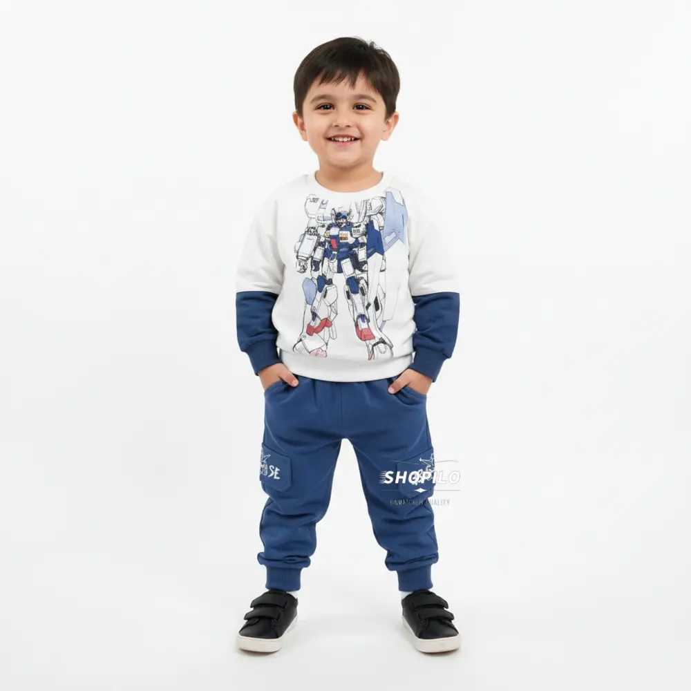 Imported Sweatshirt & Trousers Set for Boys - Robot Printed Blue & White Outfit HOW IT LOOKS