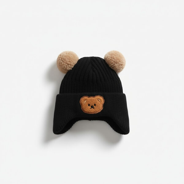Knitted Winter Cap Available in 4 Colors - Cute Teddy Ear black front
