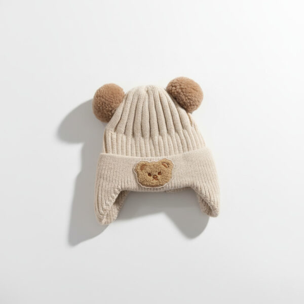 Knitted Winter Cap Available in 4 Colors - Cute Teddy Ear off white front
