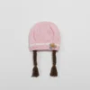 Knitted Woolen Cap with Braided Hair (12- 36M) - Floral Patch - Soft & Warm baby pink