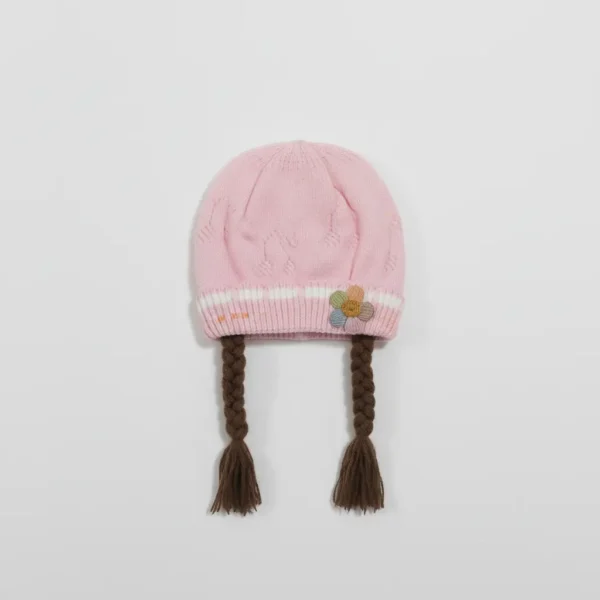 Knitted Woolen Cap with Braided Hair (12- 36M) - Floral Patch - Soft & Warm baby pink