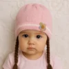 Knitted Woolen Cap with Braided Hair (12- 36M) - Floral Patch - Soft & Warm baby pink how it look