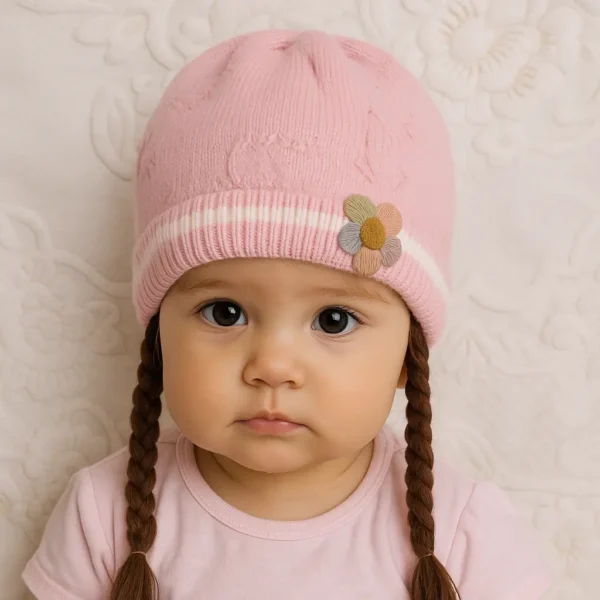 Knitted Woolen Cap with Braided Hair (12- 36M) - Floral Patch - Soft & Warm baby pink how it look
