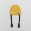 Knitted Woolen Cap with Braided Hair (12- 36M) - Floral Patch - Soft & Warm mastard