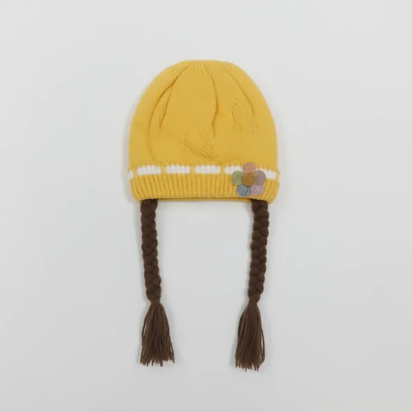 Knitted Woolen Cap with Braided Hair (12- 36M) - Floral Patch - Soft & Warm mastard