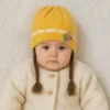 Knitted Woolen Cap with Braided Hair (12- 36M) - Floral Patch - Soft & Warm mastard how it looks