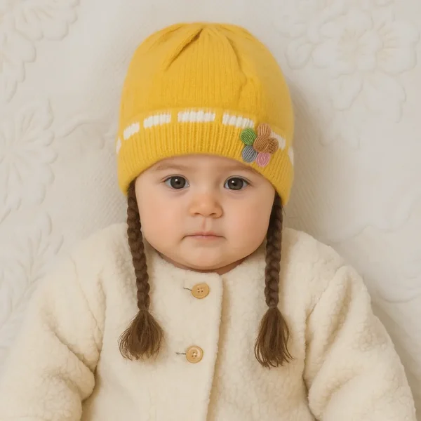 Knitted Woolen Cap with Braided Hair (12- 36M) - Floral Patch - Soft & Warm mastard how it looks