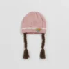 Knitted Woolen Cap with Braided Hair (12- 36M) - Floral Patch - Soft & Warm peach