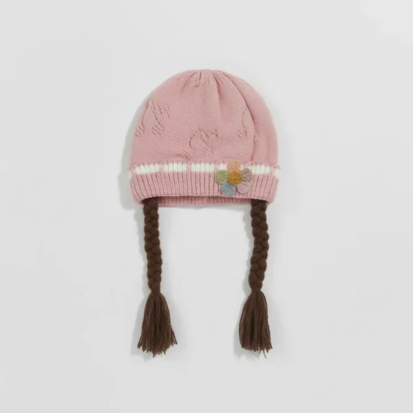 Knitted Woolen Cap with Braided Hair (12- 36M) - Floral Patch - Soft & Warm peach