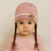 Knitted Woolen Cap with Braided Hair (12- 36M) - Floral Patch - Soft & Warm peach how it looks