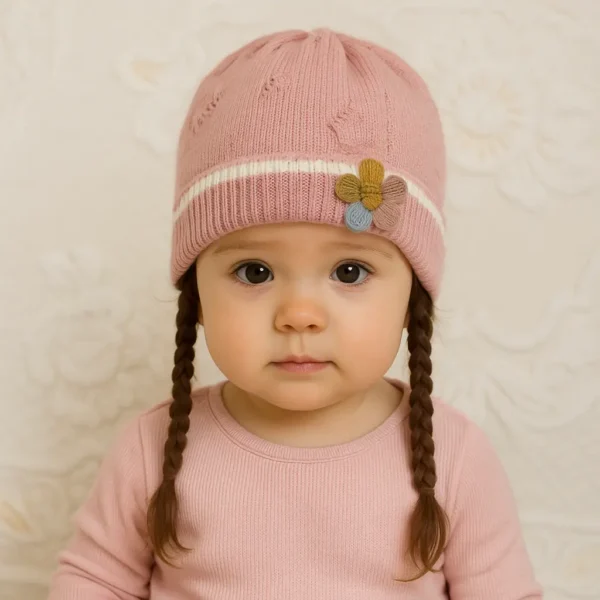 Knitted Woolen Cap with Braided Hair (12- 36M) - Floral Patch - Soft & Warm peach how it looks