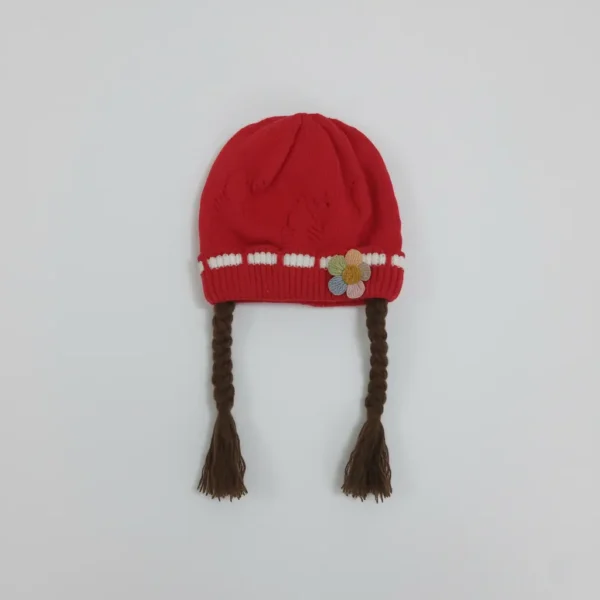 Knitted Woolen Cap with Braided Hair (12- 36M) - Floral Patch - Soft & Warm red
