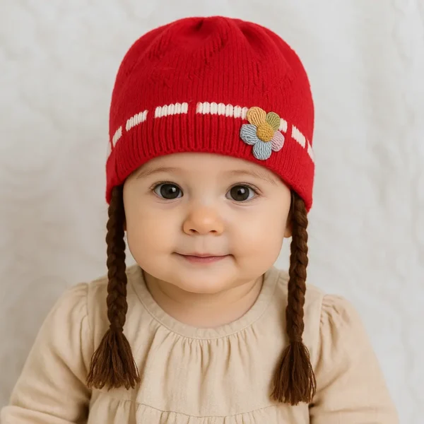 Knitted Woolen Cap with Braided Hair (12- 36M) - Floral Patch - Soft & Warm red how it looks