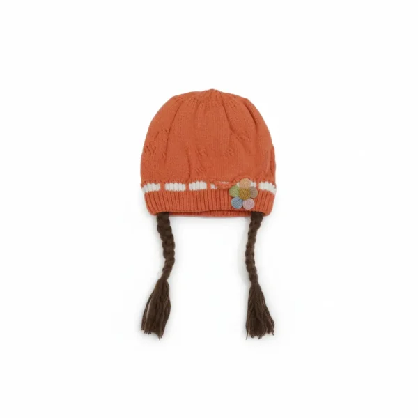 Knitted Woolen Cap with Braided Hair (12- 36M) - Floral Patch - Soft & Warm shade of orange