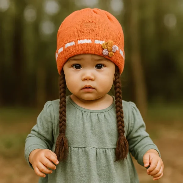 Knitted Woolen Cap with Braided Hair (12- 36M) - Floral Patch - Soft & Warm shade of orange how it looks