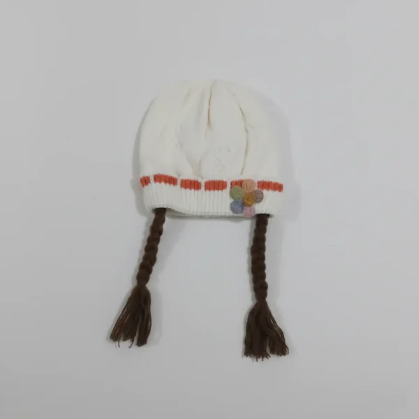 Knitted Woolen Cap with Braided Hair (12- 36M) - Floral Patch - Soft & Warm white