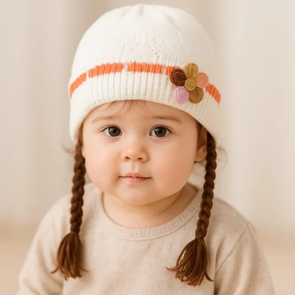 Knitted Woolen Cap with Braided Hair (12- 36M) - Floral Patch - Soft & Warm white how it looks