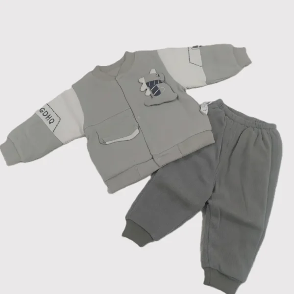 Teddy Patch Full Sleeves Winter 2-Piece Outfit for Boys - 2 Colors Available ash white variation
