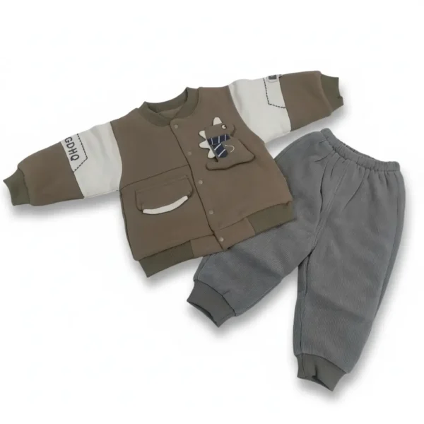 Teddy Patch Full Sleeves Winter 2-Piece Outfit for Boys - 2 Colors Available shade of grey variation