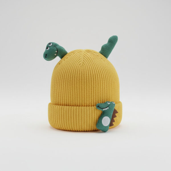 Winter Cap for Kids – Cute Dinosaur Knit - 6 Colors Available mustard variant