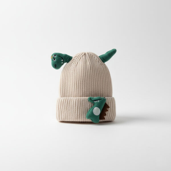Winter Cap for Kids – Cute Dinosaur Knit - 6 Colors Available off white variant