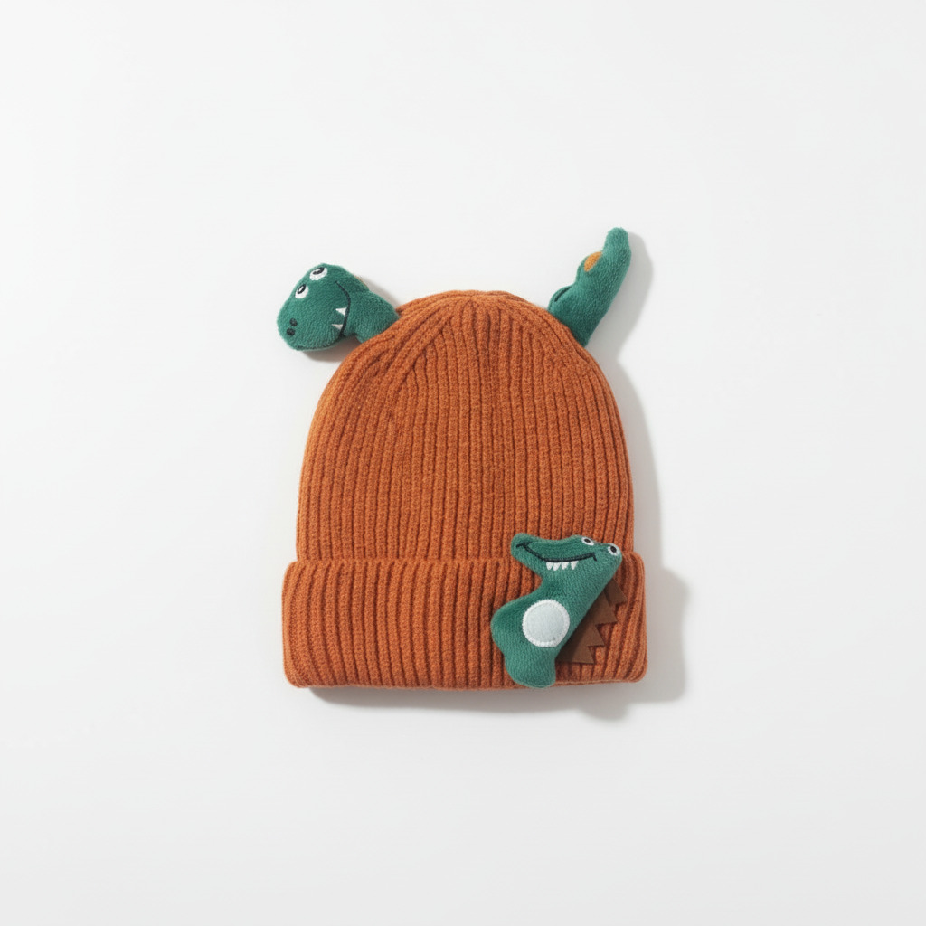 Winter Cap for Kids – Cute Dinosaur Knit - 6 Colors Available rust variant