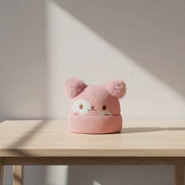 Winter Woolen Knitted Animal Face Cap (12 - 30M)- Double Pom Poms baby pink