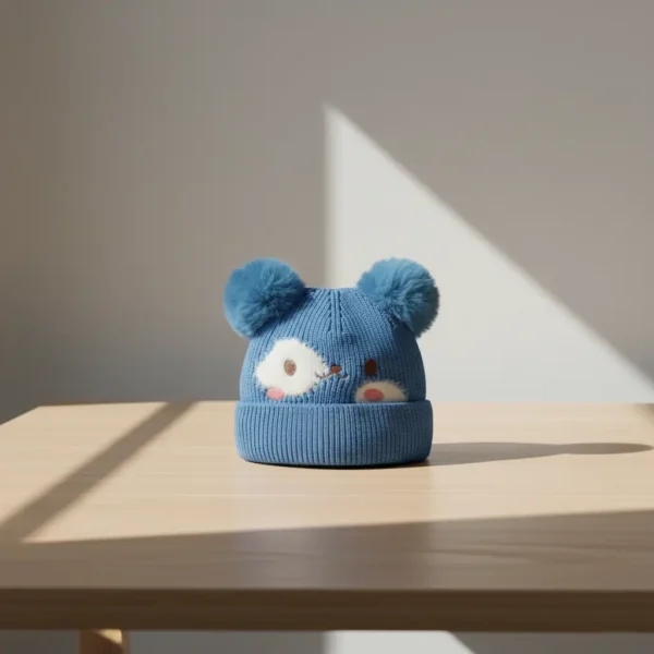 Winter Woolen Knitted Animal Face Cap (12 - 30M)- Double Pom Poms blue
