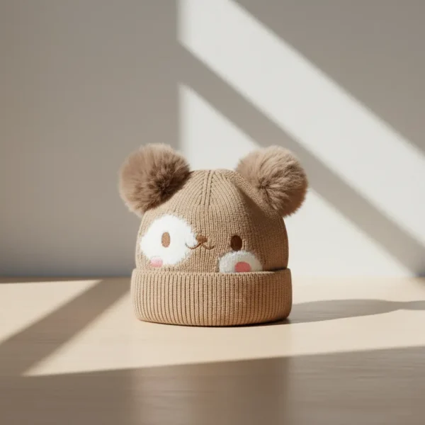 Winter Woolen Knitted Animal Face Cap (12 - 30M)- Double Pom Poms light brown