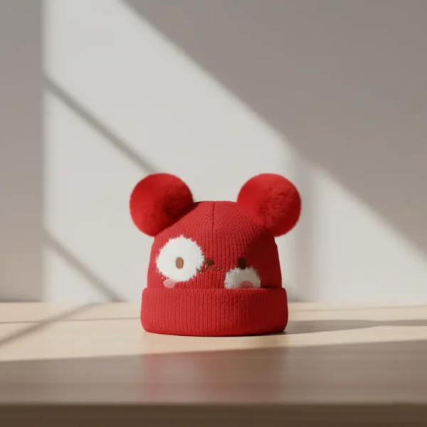 Winter Woolen Knitted Animal Face Cap (12 - 30M)- Double Pom Poms red