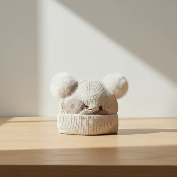 Winter Woolen Knitted Animal Face Cap (12 - 30M)- Double Pom Poms white