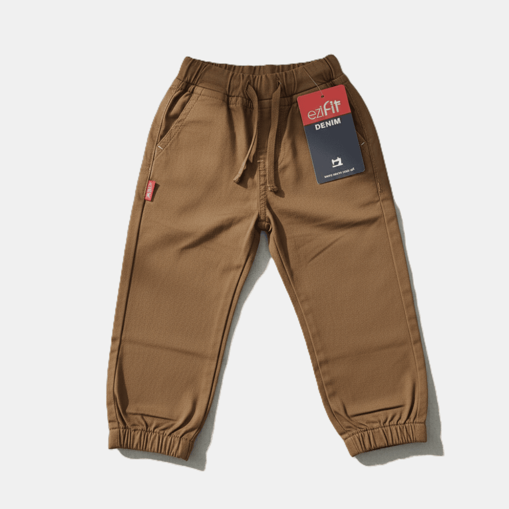 EziFit Kids Denim Jogger Pants Elastic Waist 4 Pockets Unisex camel color
