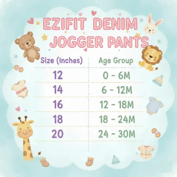 EziFit Kids Denim Jogger Pants Elastic Waist 4 Pockets infants sizing table