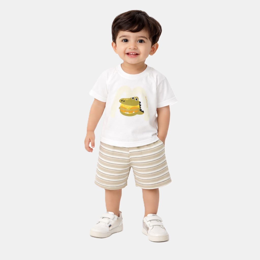 10 Imported Cartoon T-Shirt & Striped Shorts Summer Outfit grey variation