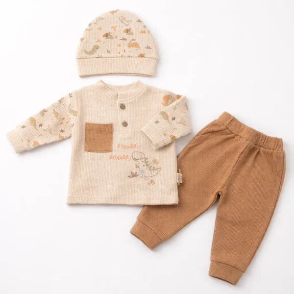 3-Piece Dinosaur Print Waffle Knit Set – Full Sleeves pair front