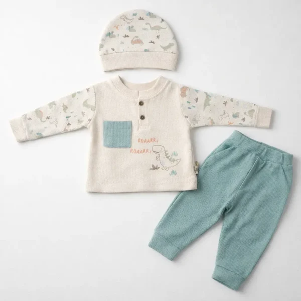 3-Piece Dinosaur Print Waffle Knit Set – Full Sleeves pair front blue variation