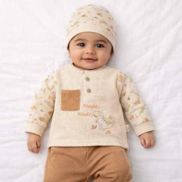 3-Piece Dinosaur Print Waffle Knit Set – Full Sleeves pair front how it looks