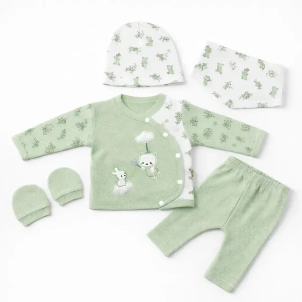 5-Piece Floral Bunny Waffle Knit Set – Cute Infants Outfit green variation