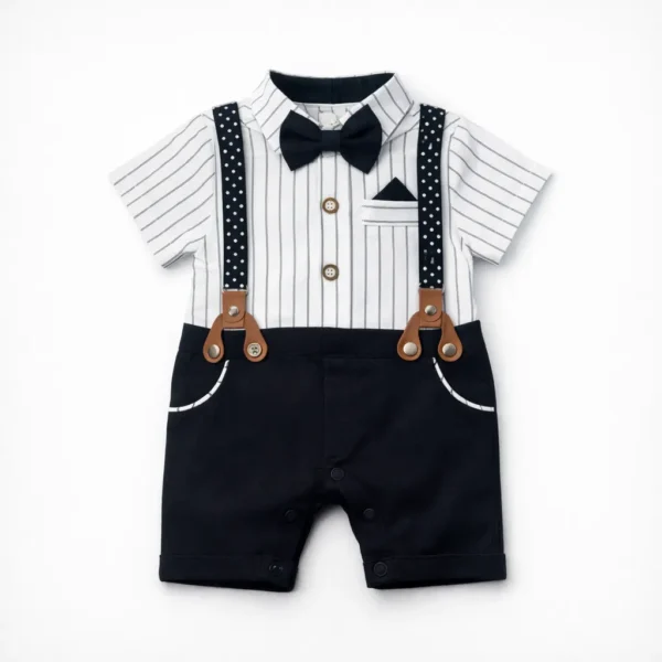 Baby Gentleman Romper Suit - Suspenders and Bow Tie front image