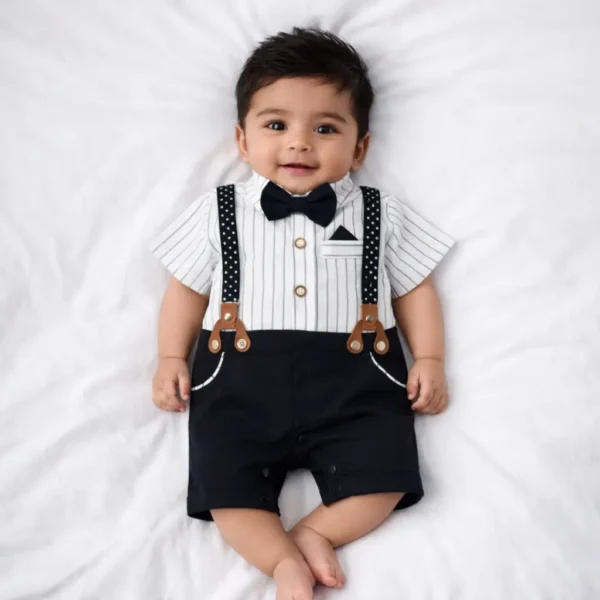 Baby Gentleman Romper Suit - Suspenders and Bow Tie front image how it looks