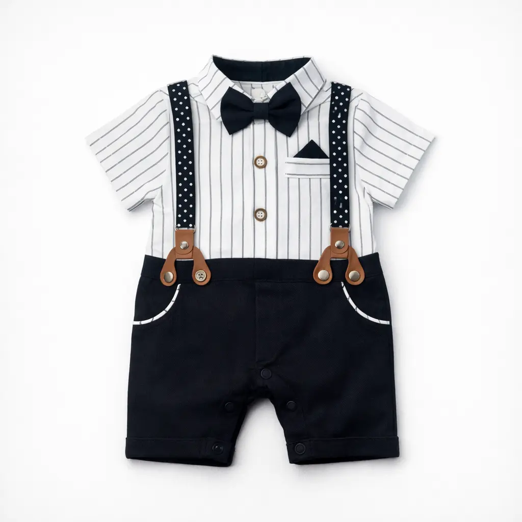 Baby Gentleman Romper Suit - Suspenders and Bow Tie front image