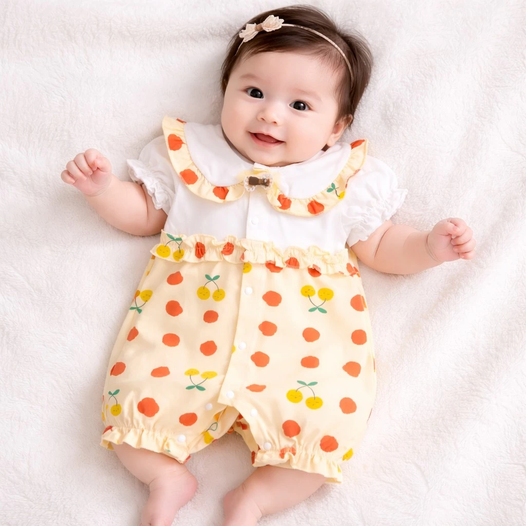 Baby Girl Fruit Print Romper with Peter Pan Collar – 6M TO 3Y how it looks wearing