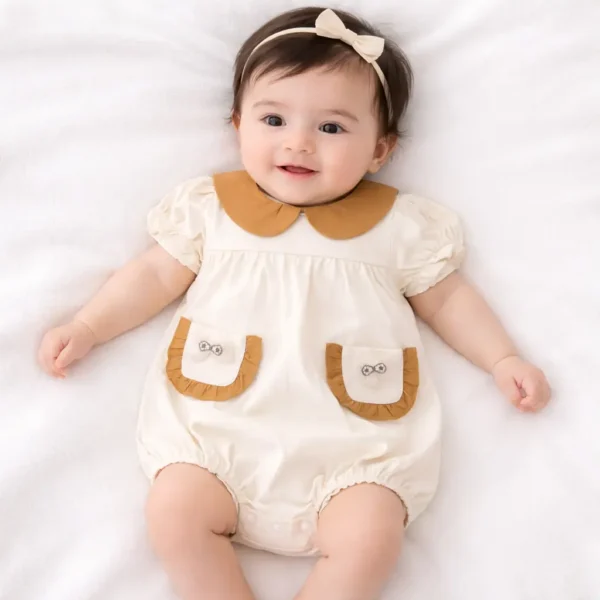 Baby Girl Peter Pan Collar Romper with Bow Pockets - 0 TO 24M how it looks