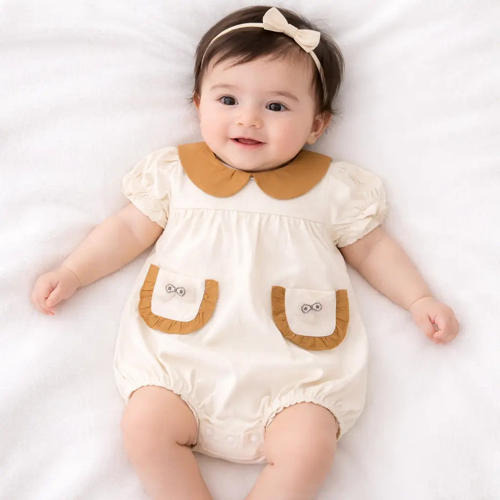 Baby Girl Peter Pan Collar Romper with Bow Pockets - 0 TO 24M how it looks