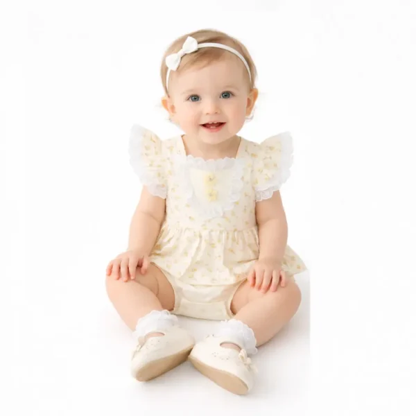 Baby Girls Floral Lace Romper Dress - Imported Summer Outfit how it looks sitting