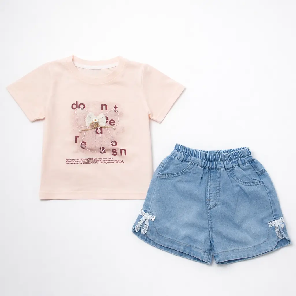 Baby Girls T-Shirt & Denim Shorts Outfit Set - Imported pair