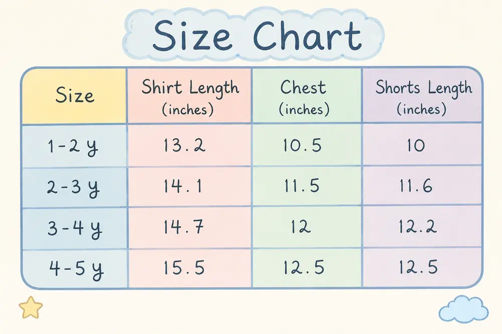 Blue Cotton T-Shirt and Shorts Outfit Set (Imported) - 1 to 5Y size chart size guide