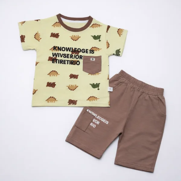 Boys Dinosaur Print Half Sleeve T-Shirt & Shorts - Imported how it looks main photo full pair