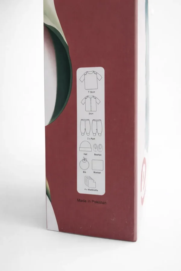 Elegant's Newborn Gift Box - Cute 12 Piece Clothing Gift Box side accessories list